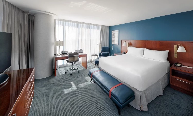 large room with a huge bed, tv, and view of the city