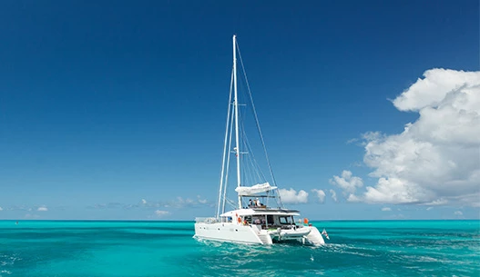 Large white catamaran in the bright blue ocean during the day.