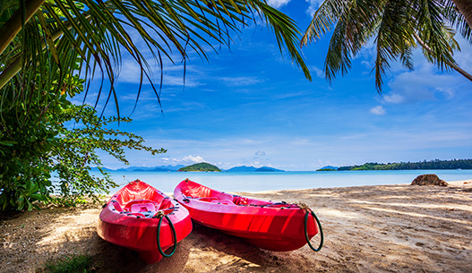 two red kayaks beached on the sand under the green palm trees with the sun shining from above.