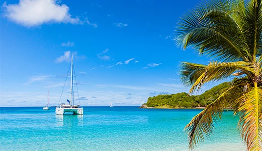 Three sailboats anchored in the crystal clear blue water during the day with the sun shining above.