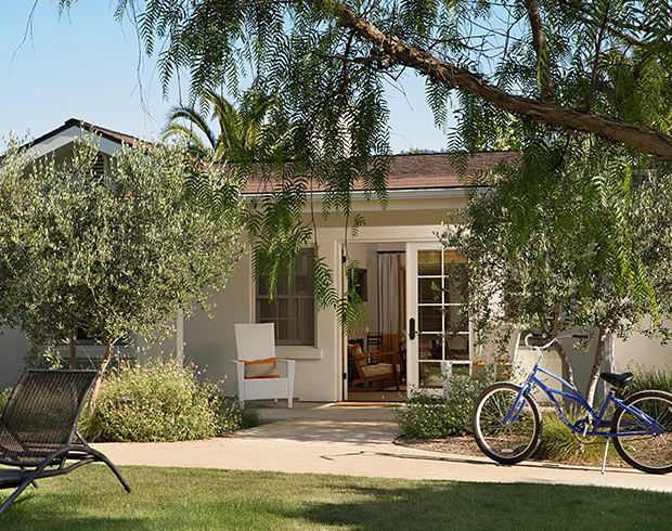 a small cottage tucked away by greenery with a bike and lawn chair in front