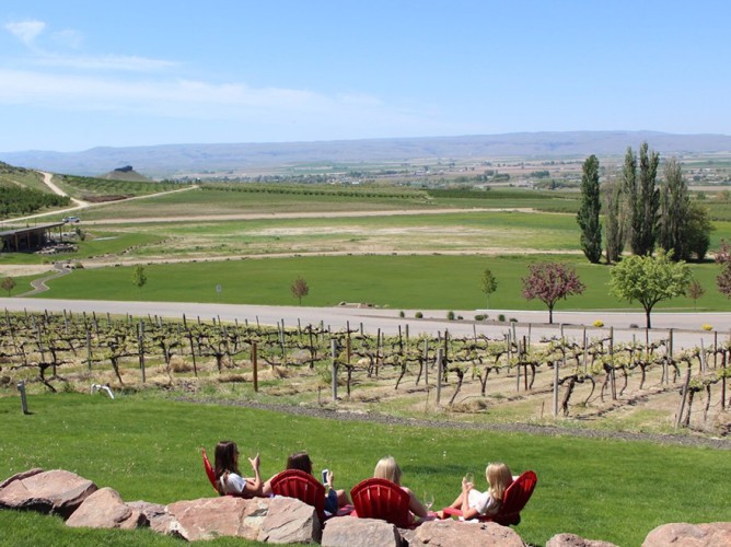 a group of people sitting on a rock ledge overlooking a green field