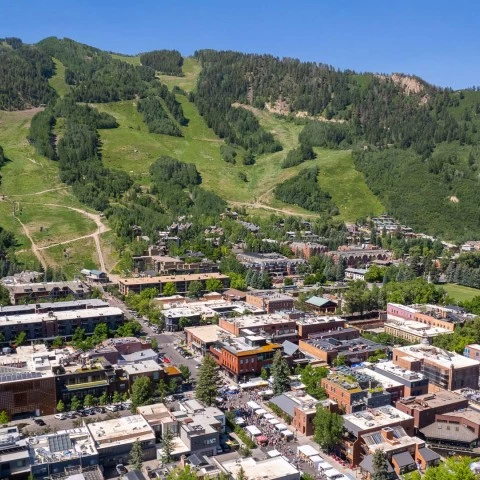 a city with trees and mountains