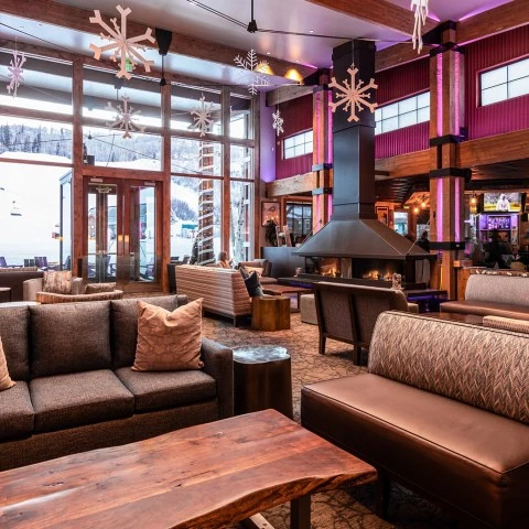 a room with couches and fireplace