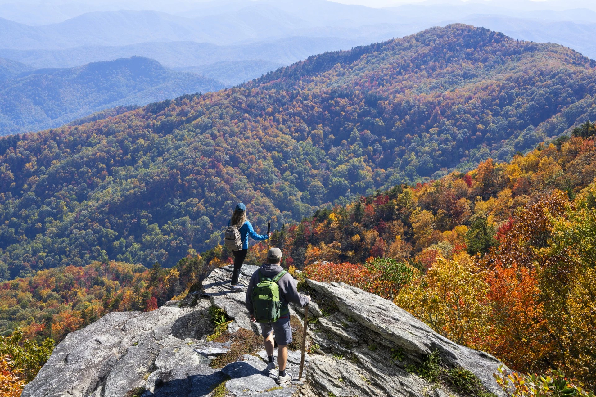 a group of people walking on a rock with colorful trees in the background