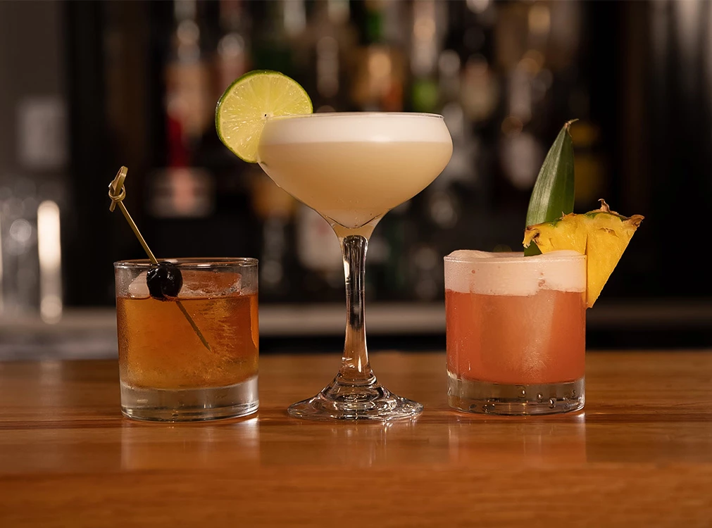 a group of drinks on a table