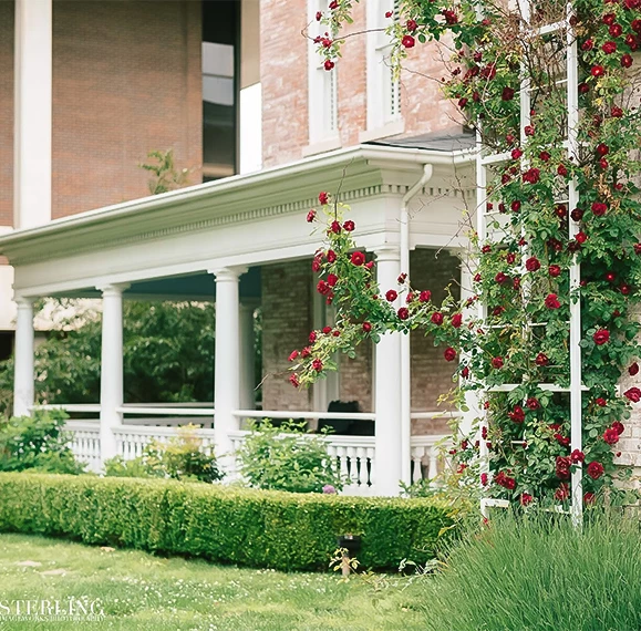 a white columned porch with red flowers on a white trellis