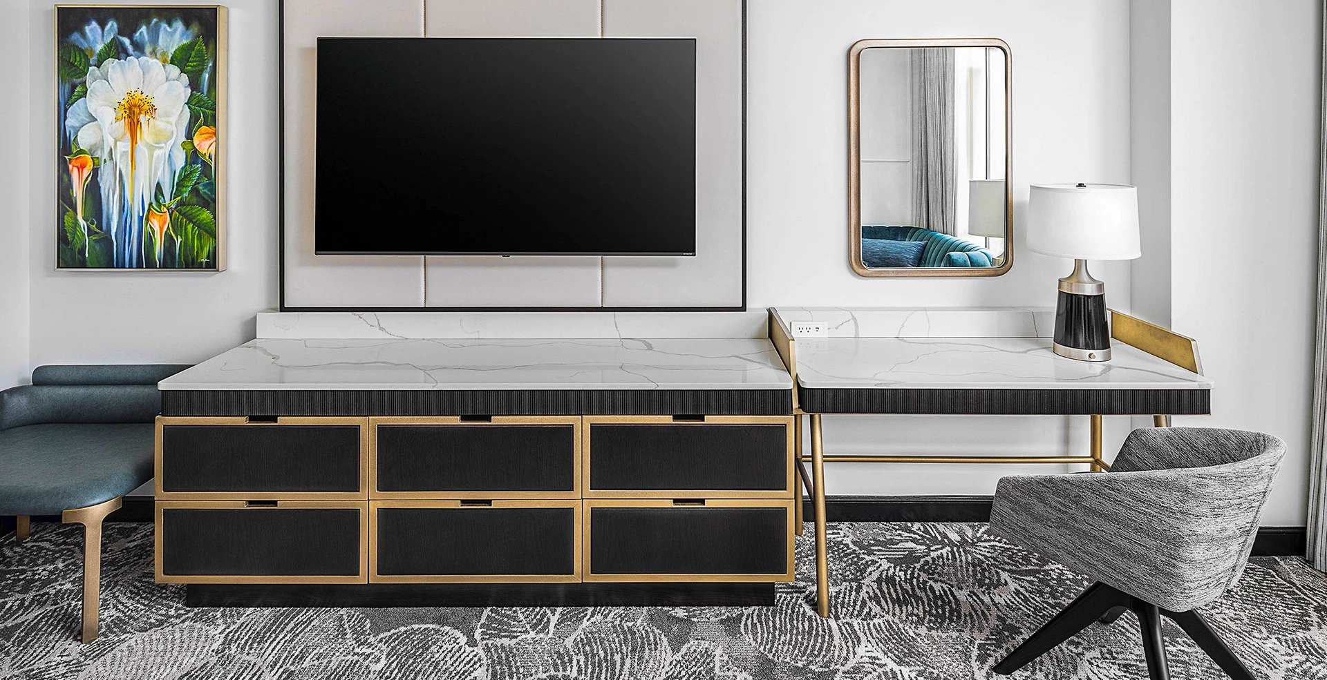 a room with a tv and couches