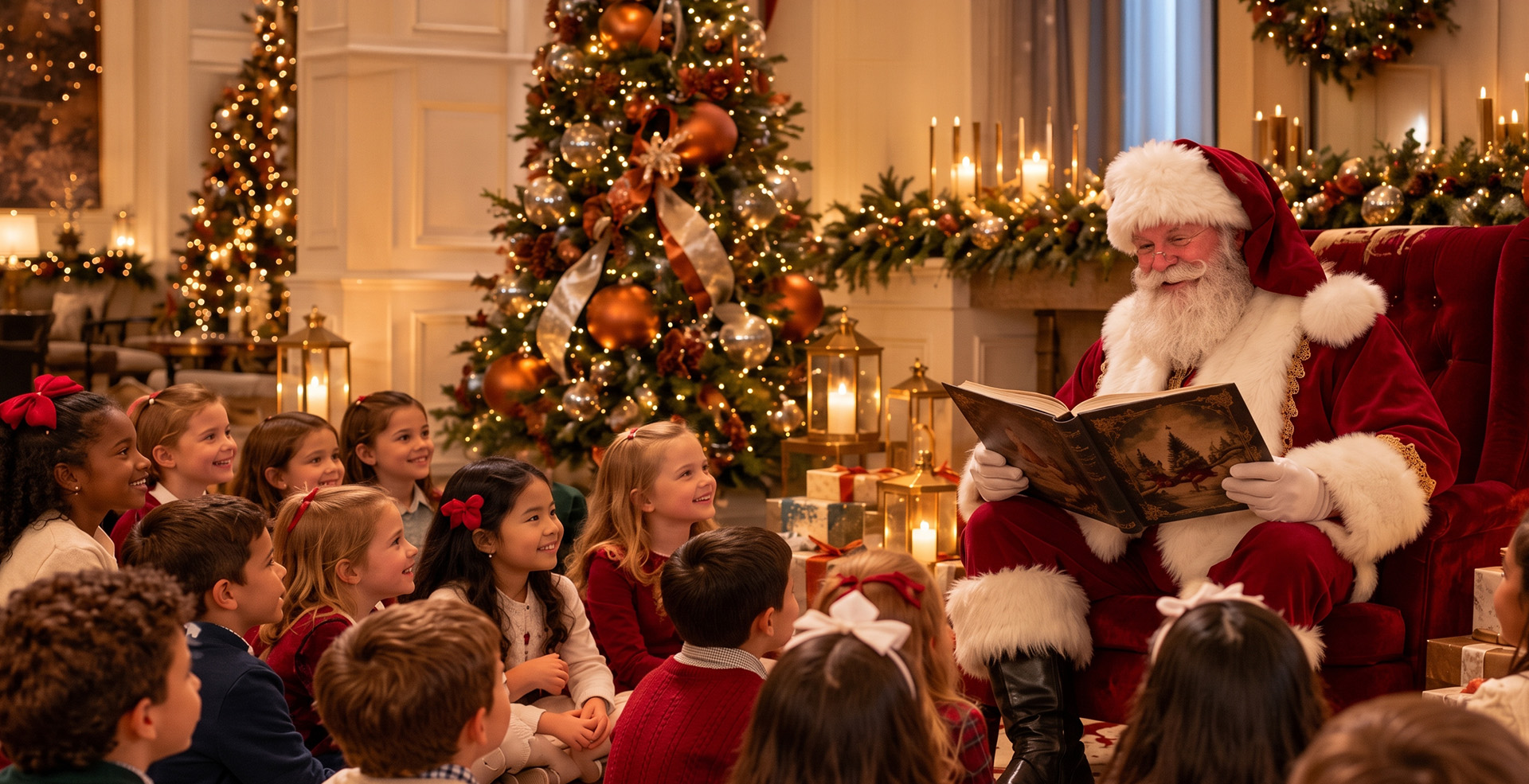 a group of kids sitting around a santa reading a book