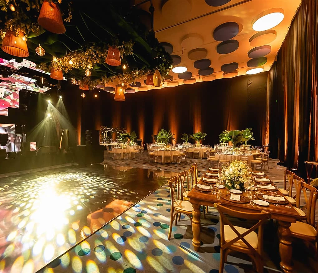 a large room with tables and chairs