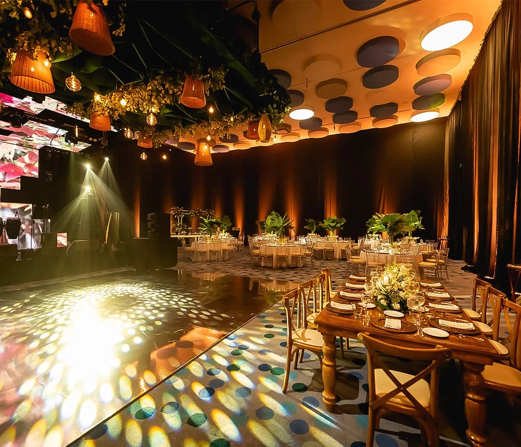 a large room with tables and chairs