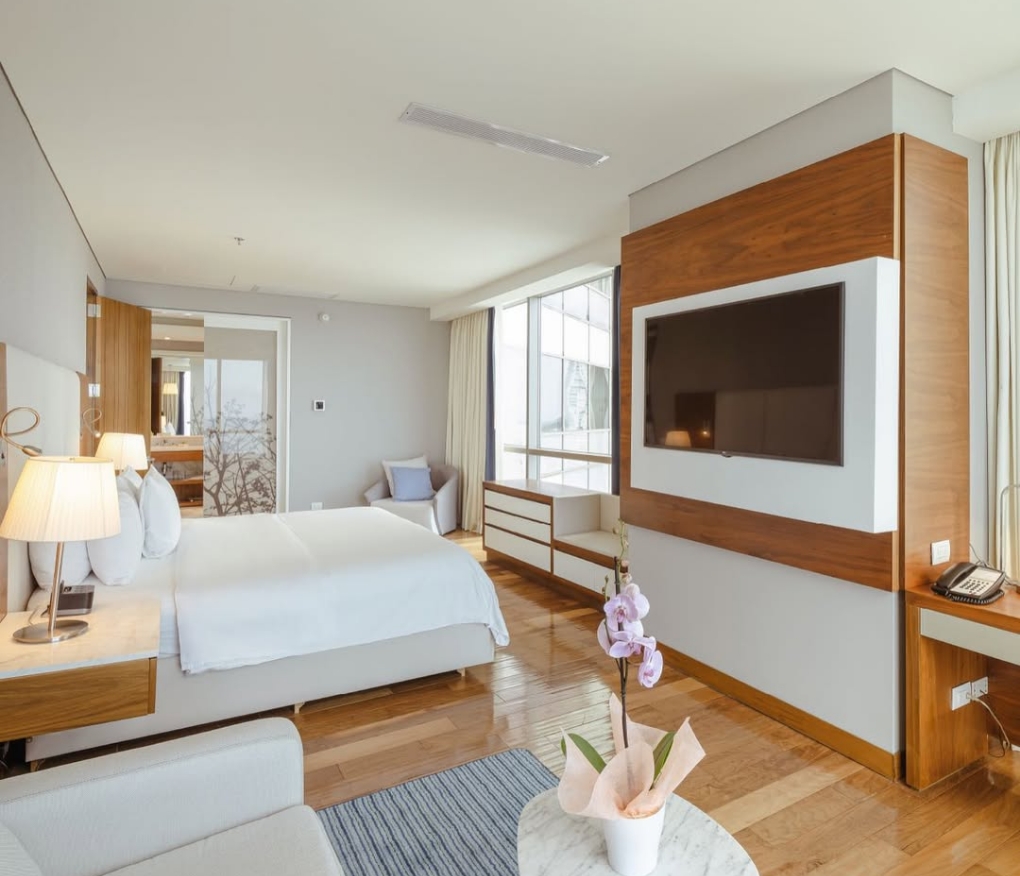 a bedroom with a tv and a bed