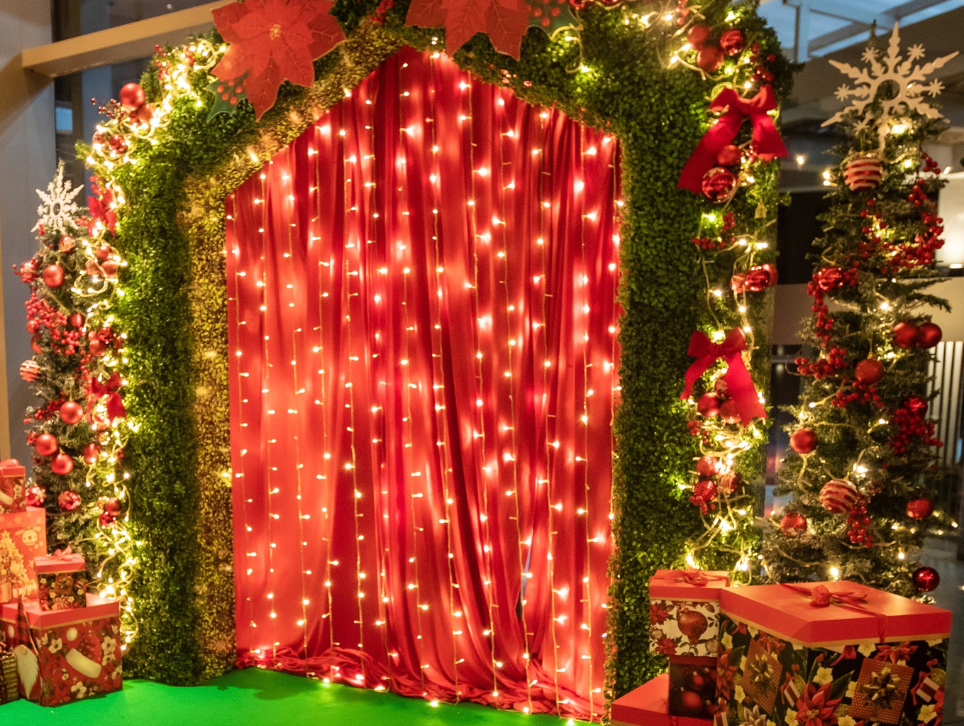 a green door with red curtains and lights