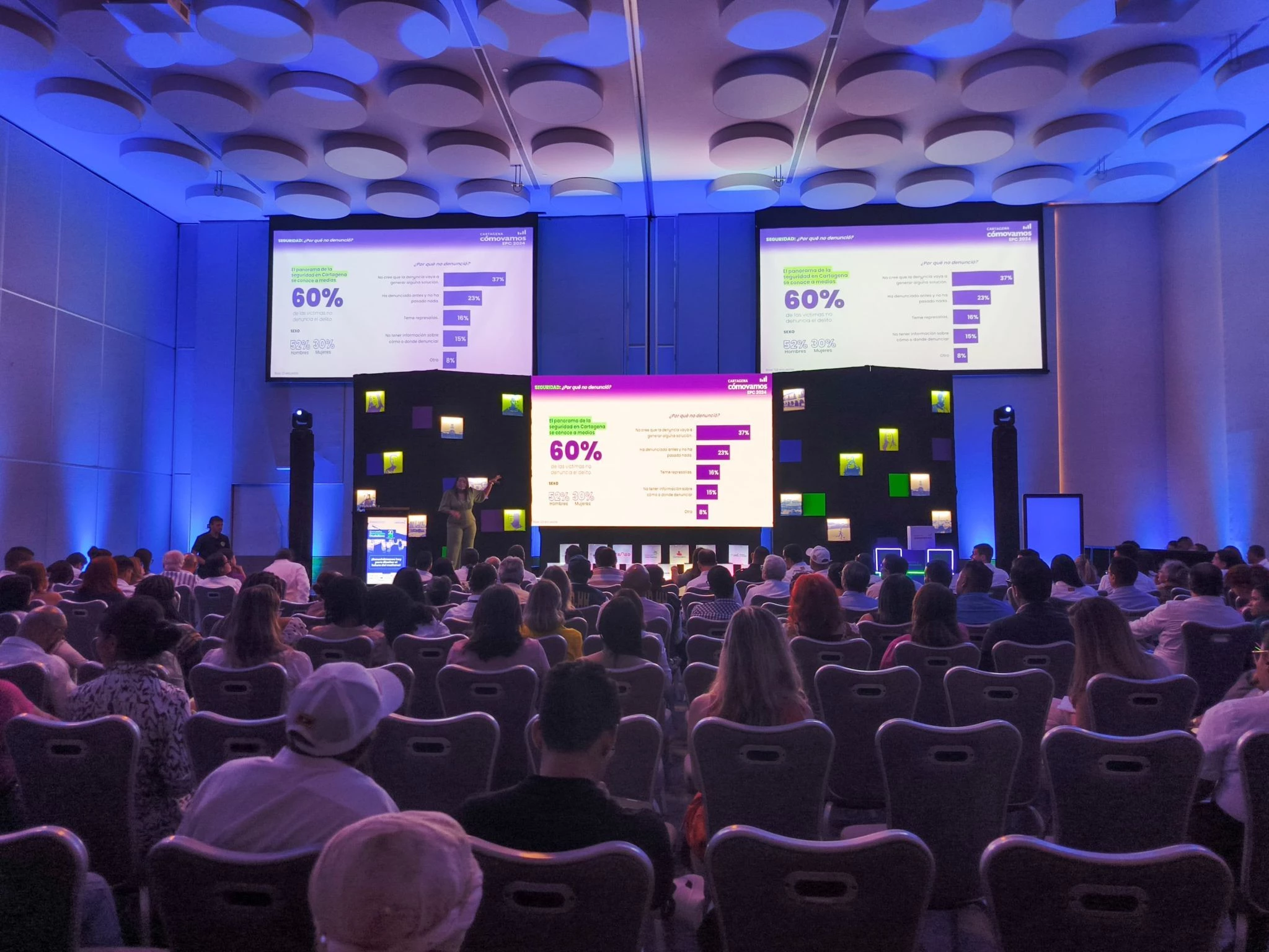 a group of people in a room with large screens