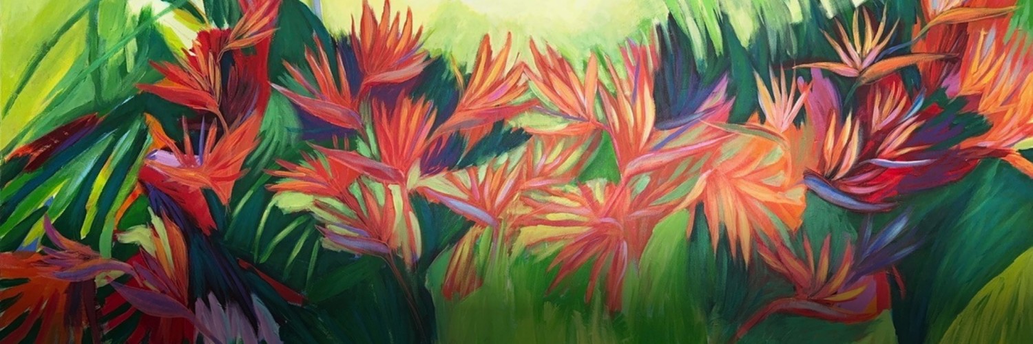 a painting of flowers with green leaves
