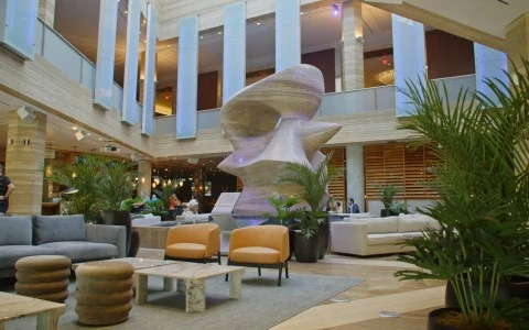 a large stone sculpture in a lobby