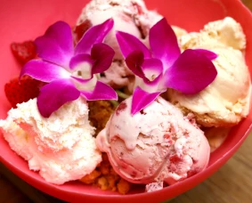 a bowl of ice cream with flowers