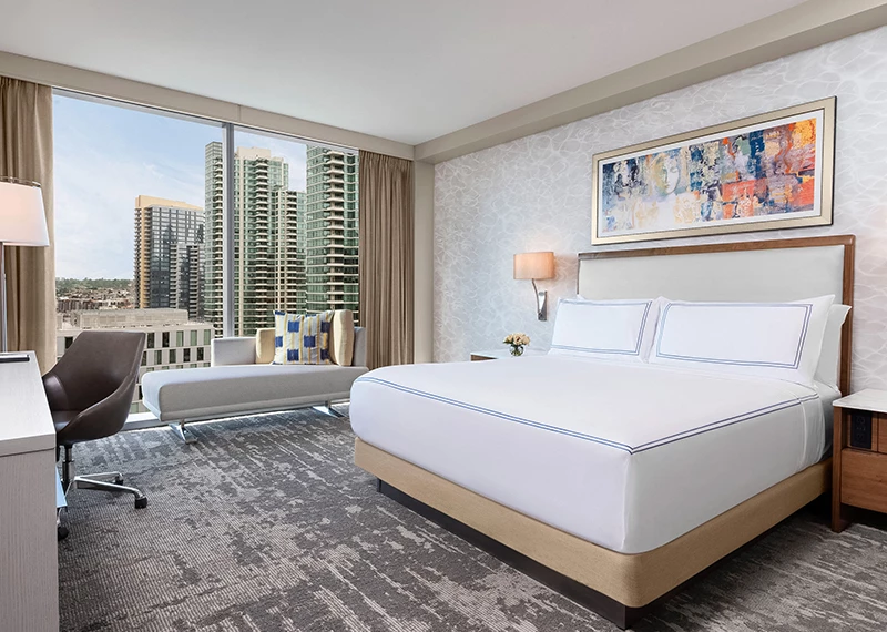 a room with a large bed and a large window