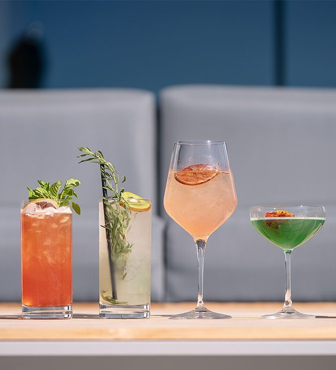 a group of drinks on a table
