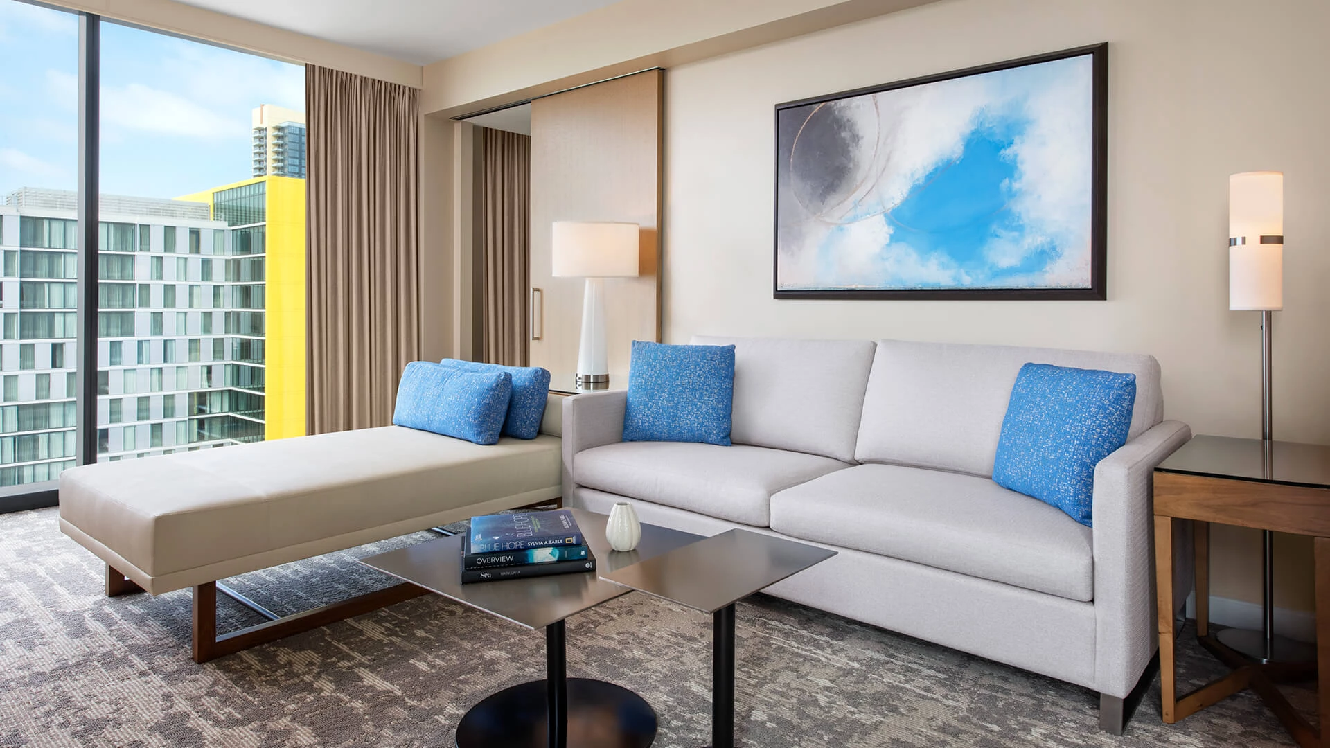 a living room with a couch and a table