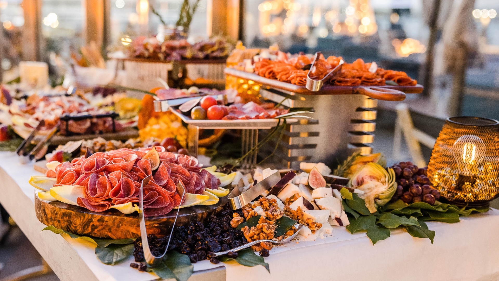 a buffet table with different food items