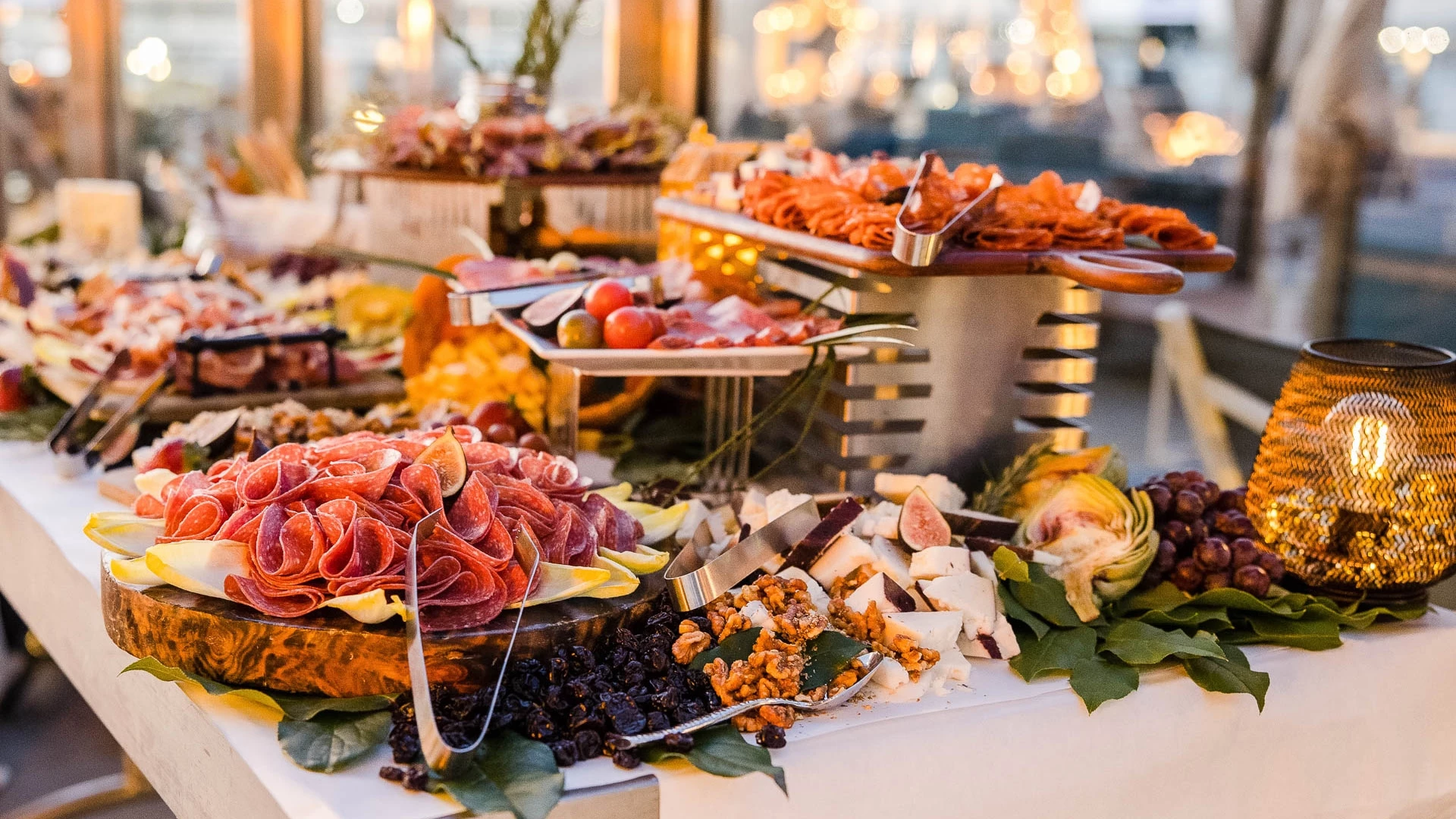 a buffet table with different food items