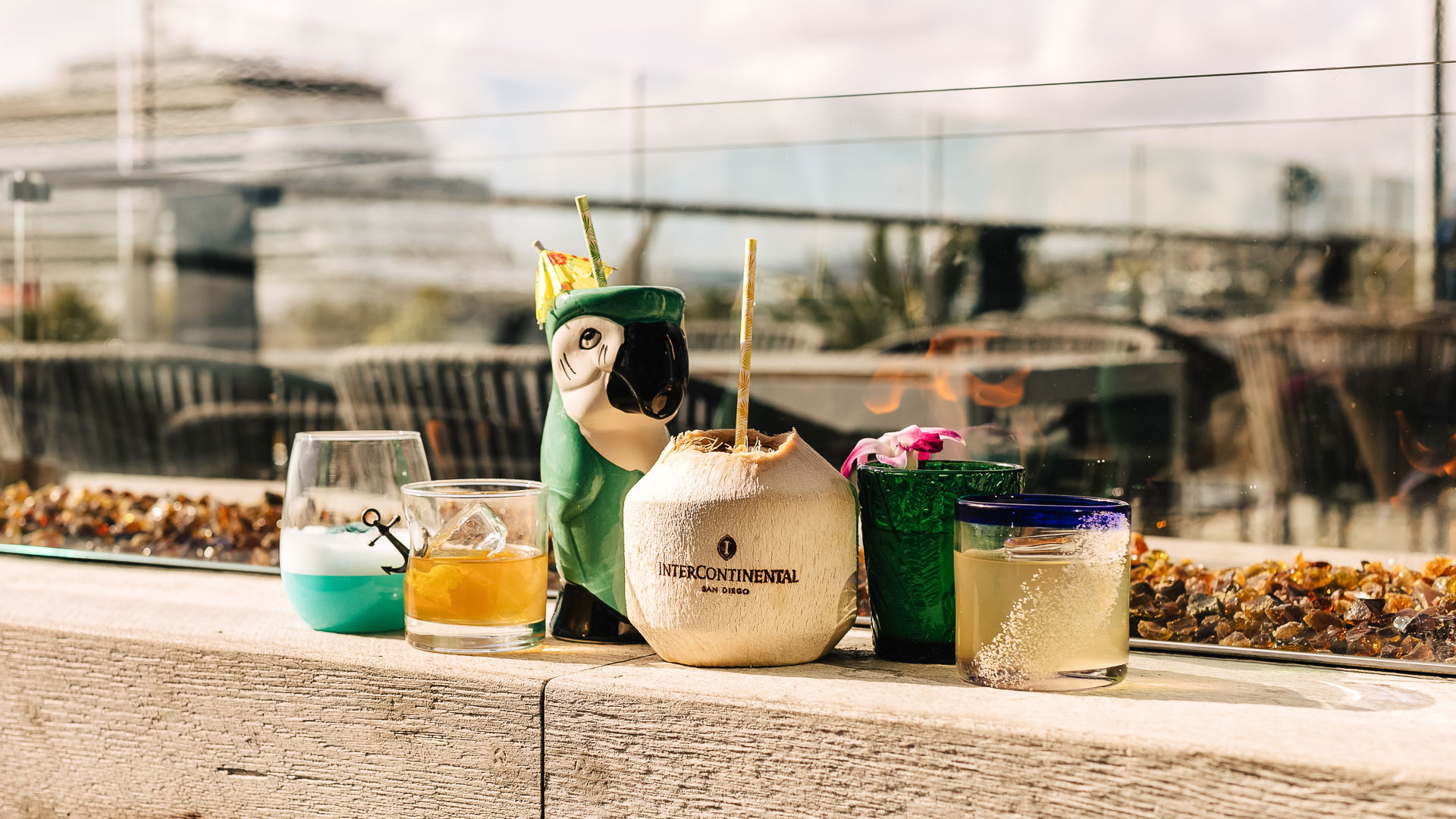 a group of drinks on a ledge
