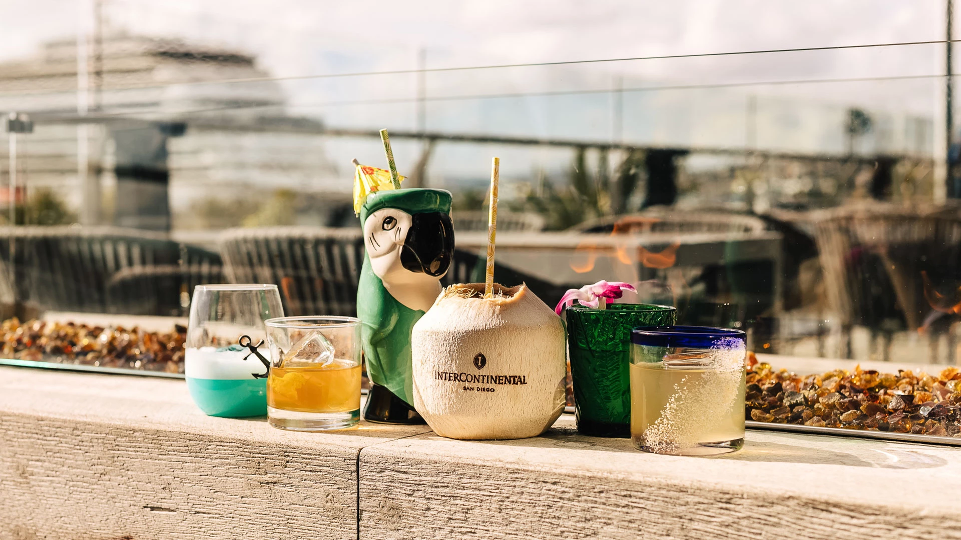 a group of drinks on a ledge