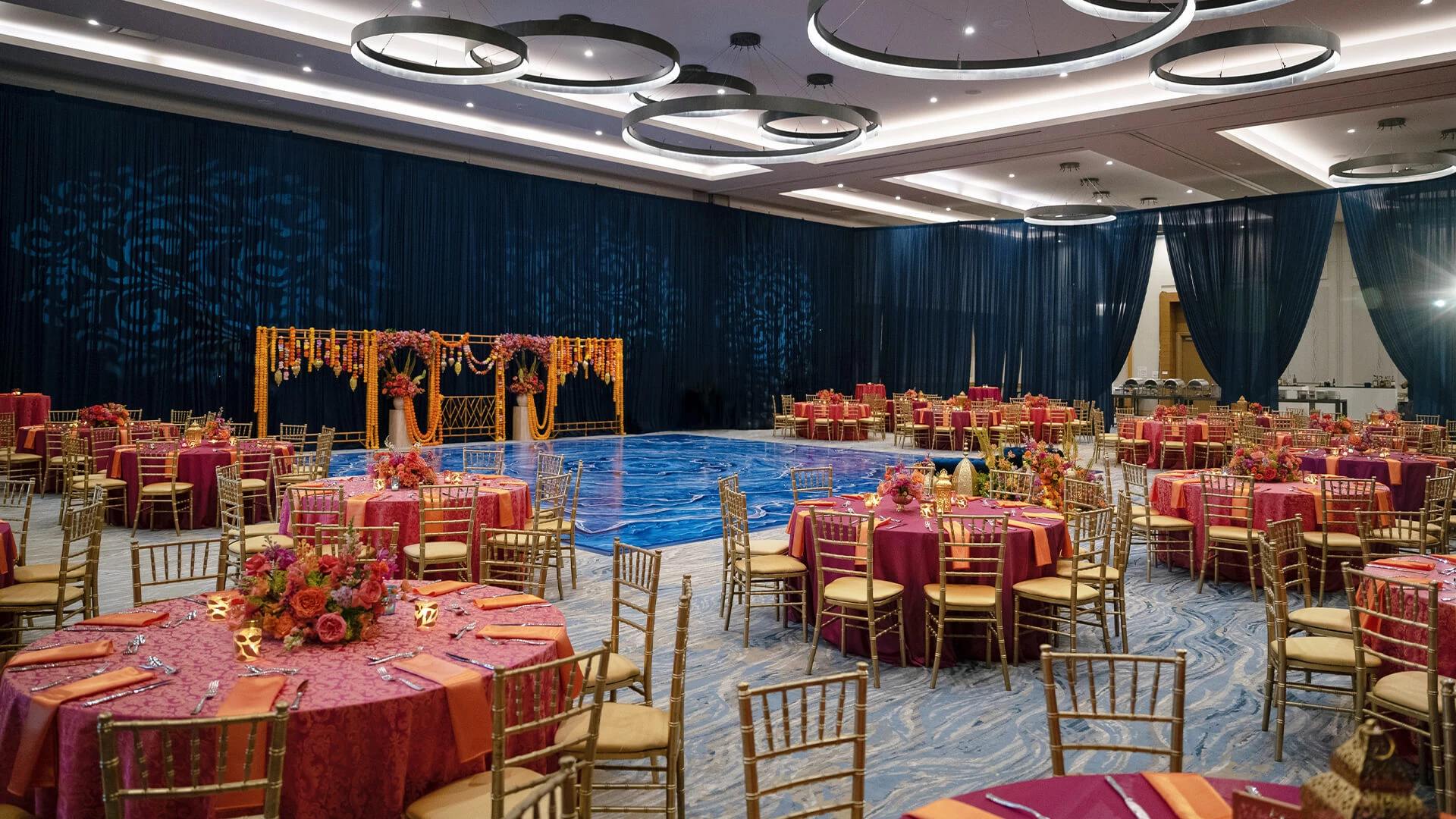 a large room with tables and chairs