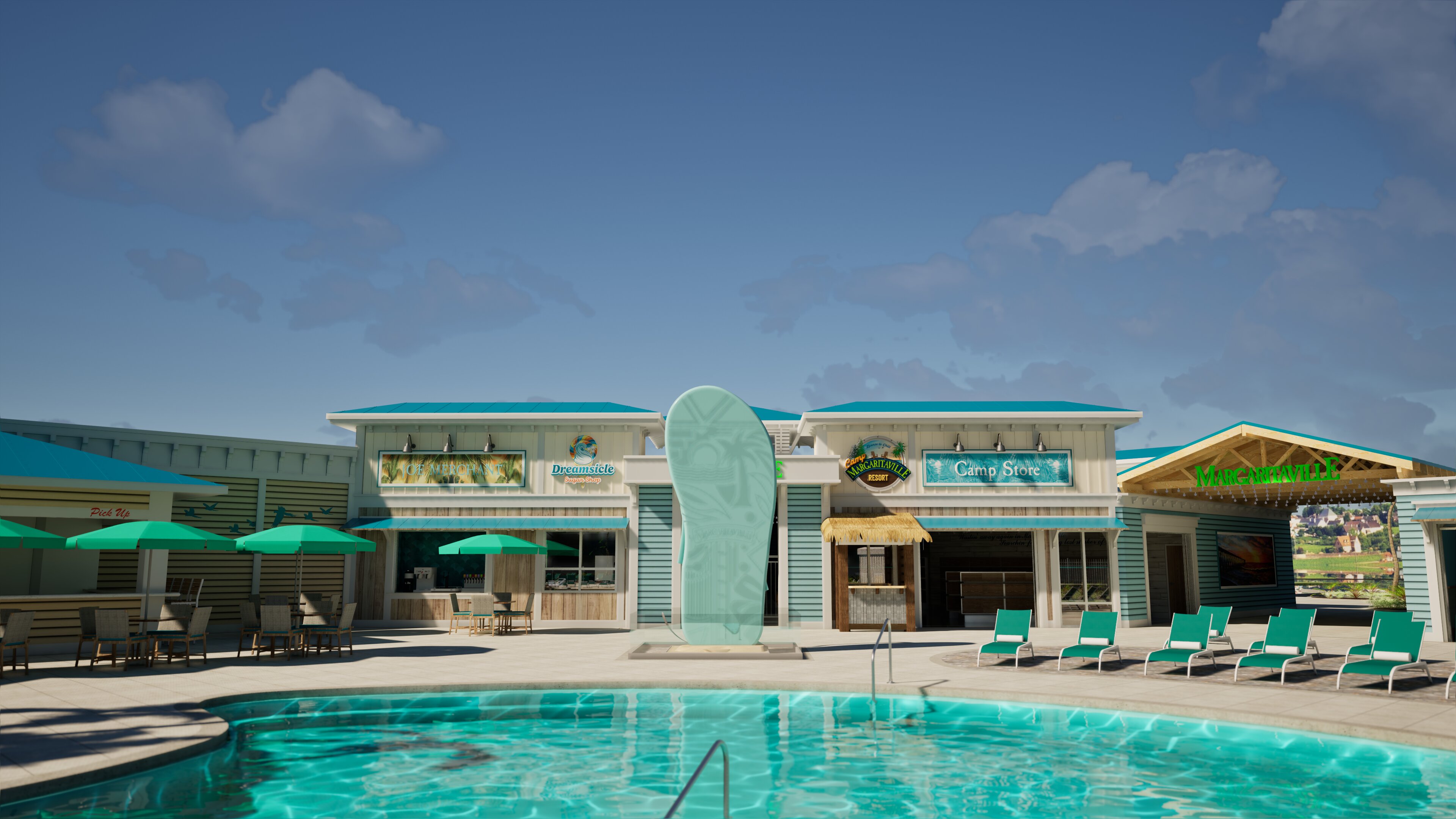 a pool in front of a building