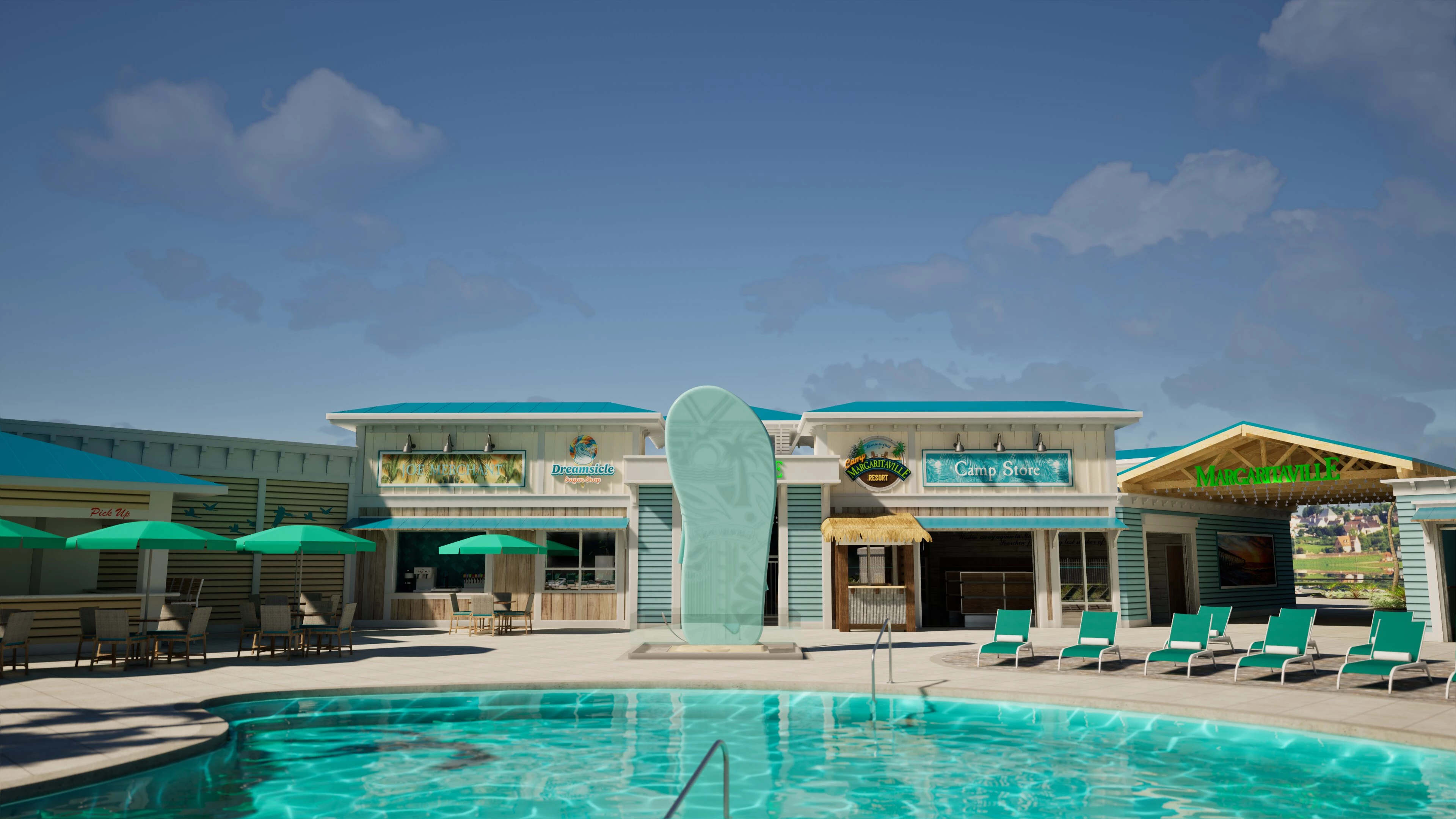 a pool in front of a building