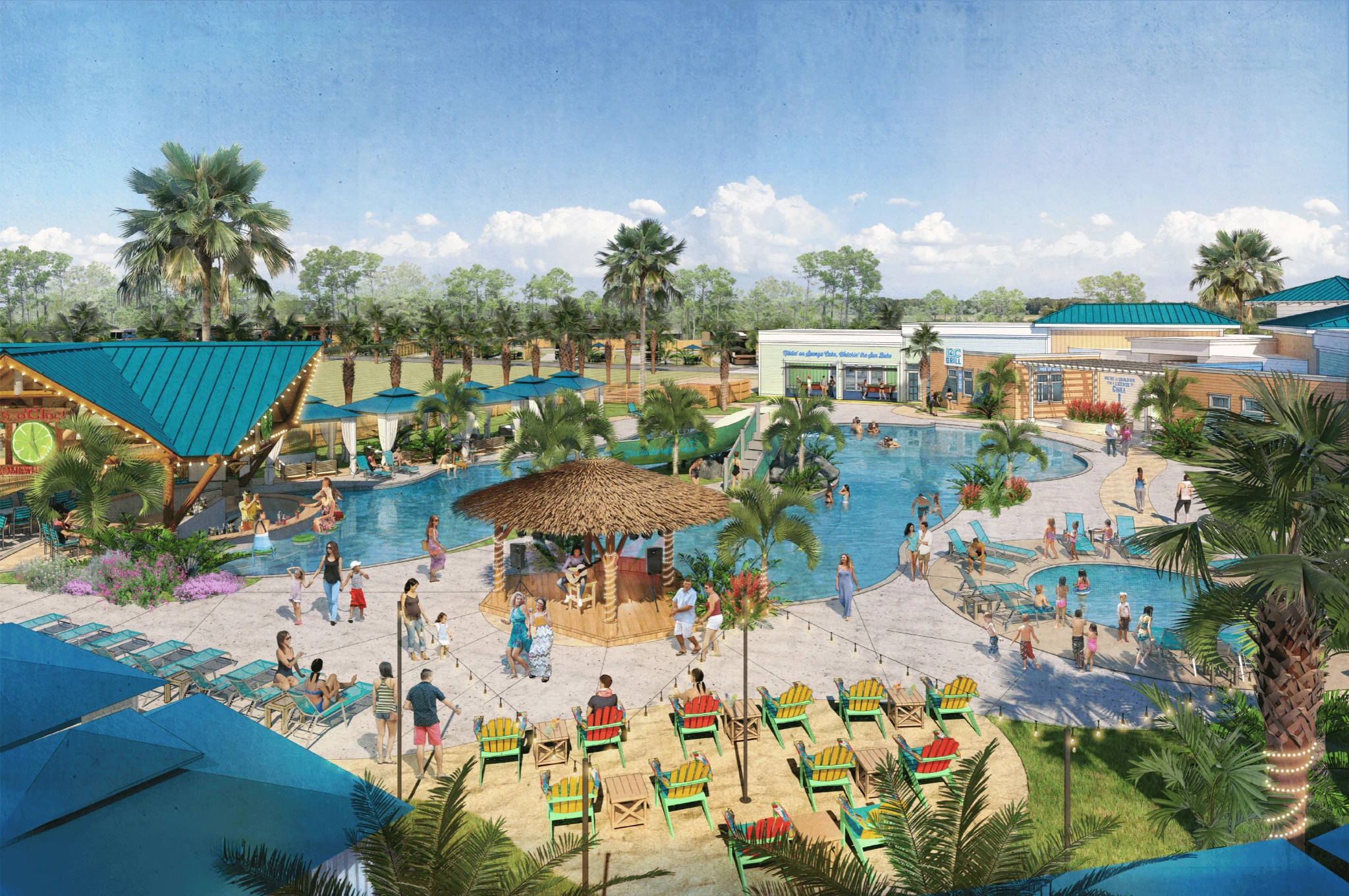 a resort pool with people and a hut