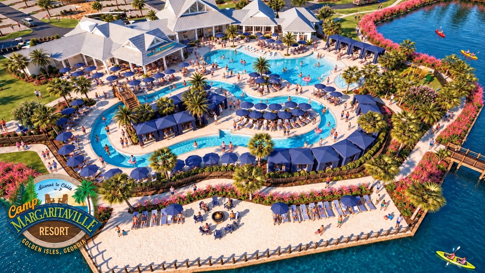 a swimming pool with umbrellas and people around it