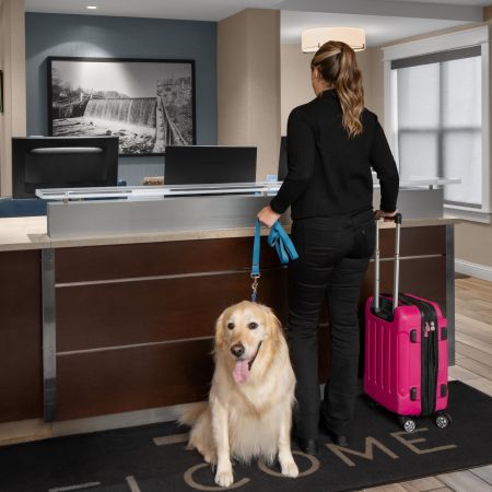 a woman standing next to a dog