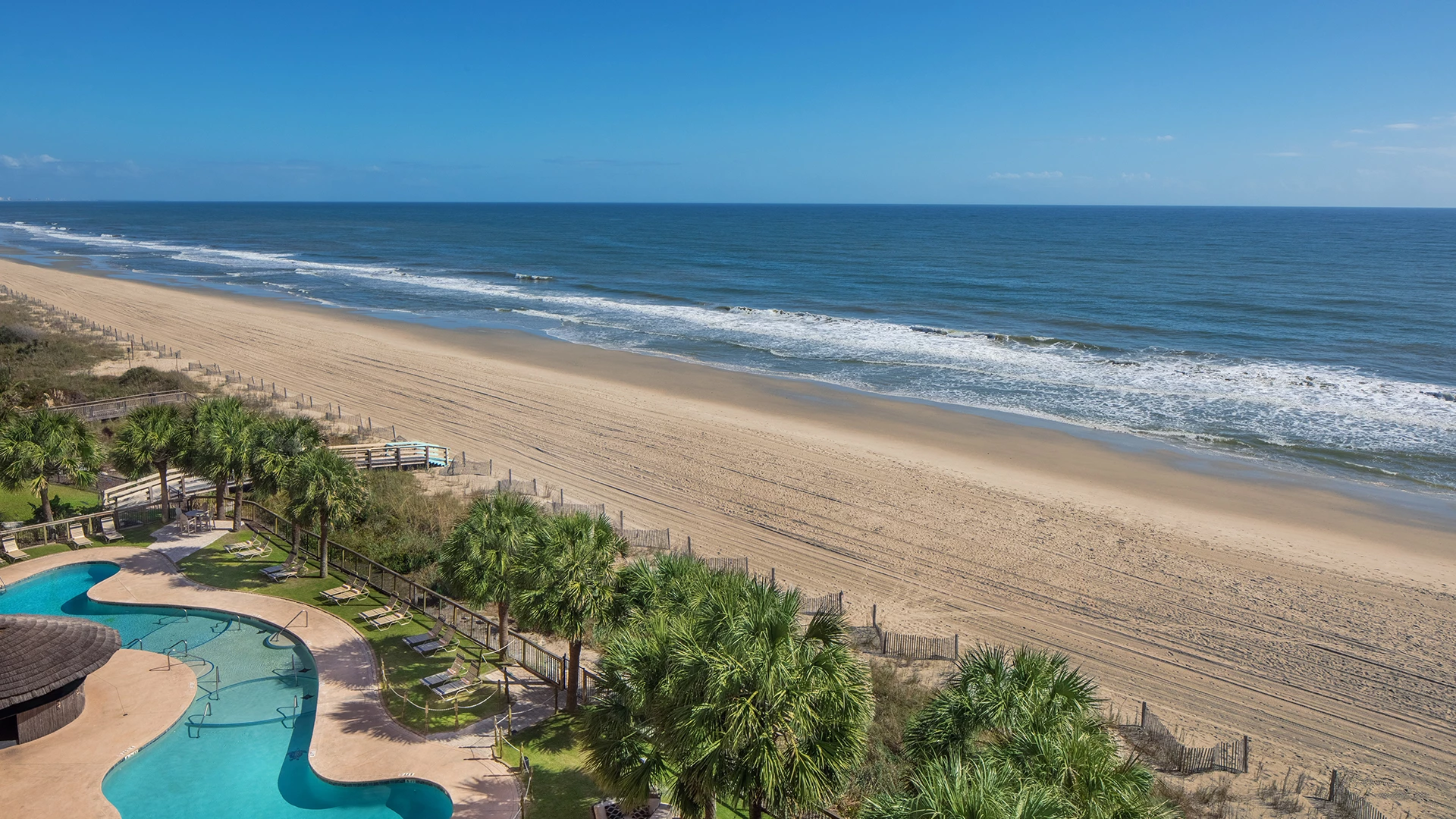 A beachside pool area with palm trees and a fenced area, overlooking the ocean.