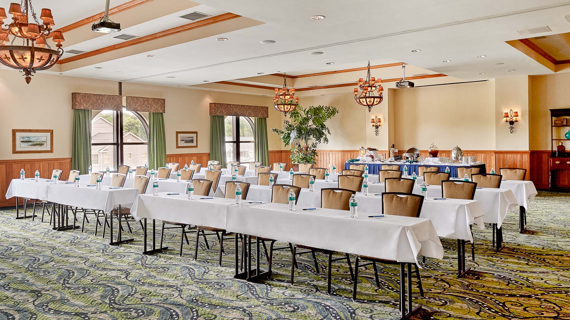 a room with tables and chairs