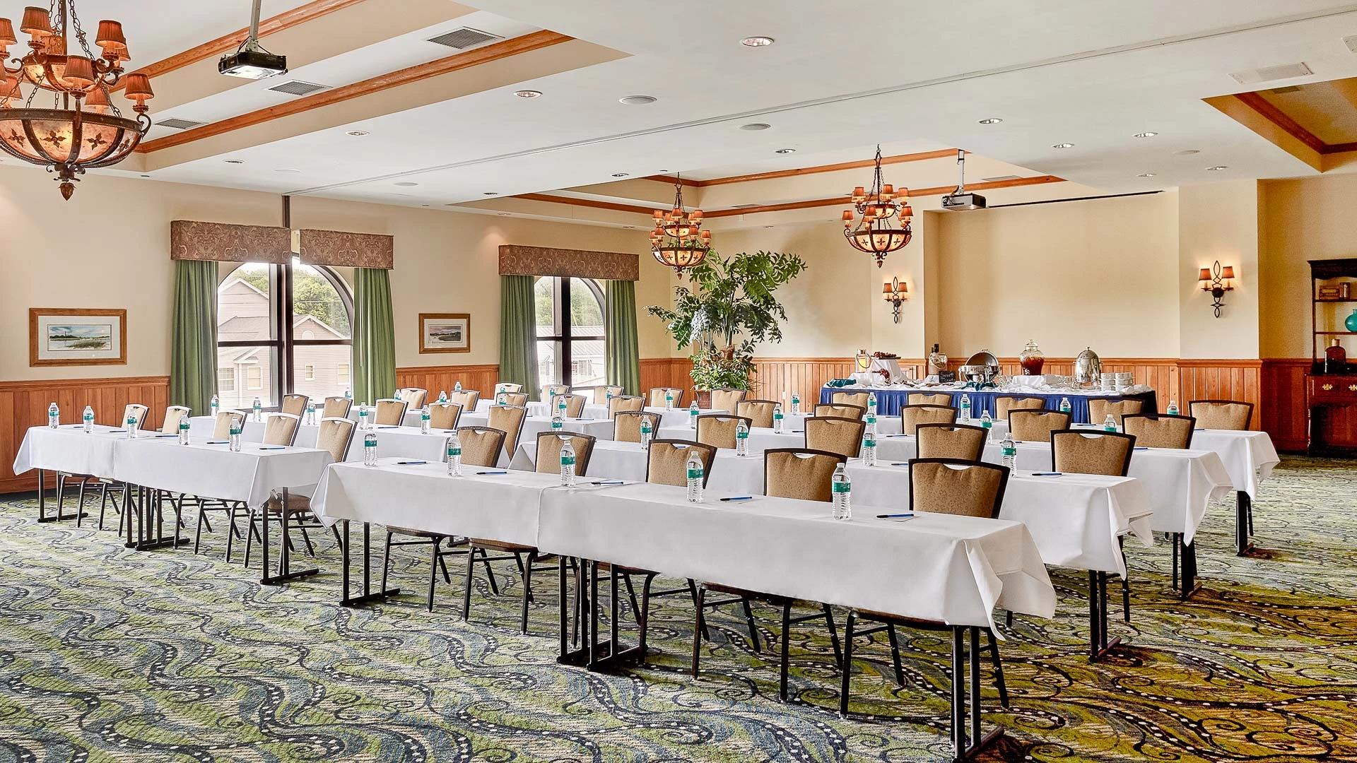 a room with tables and chairs