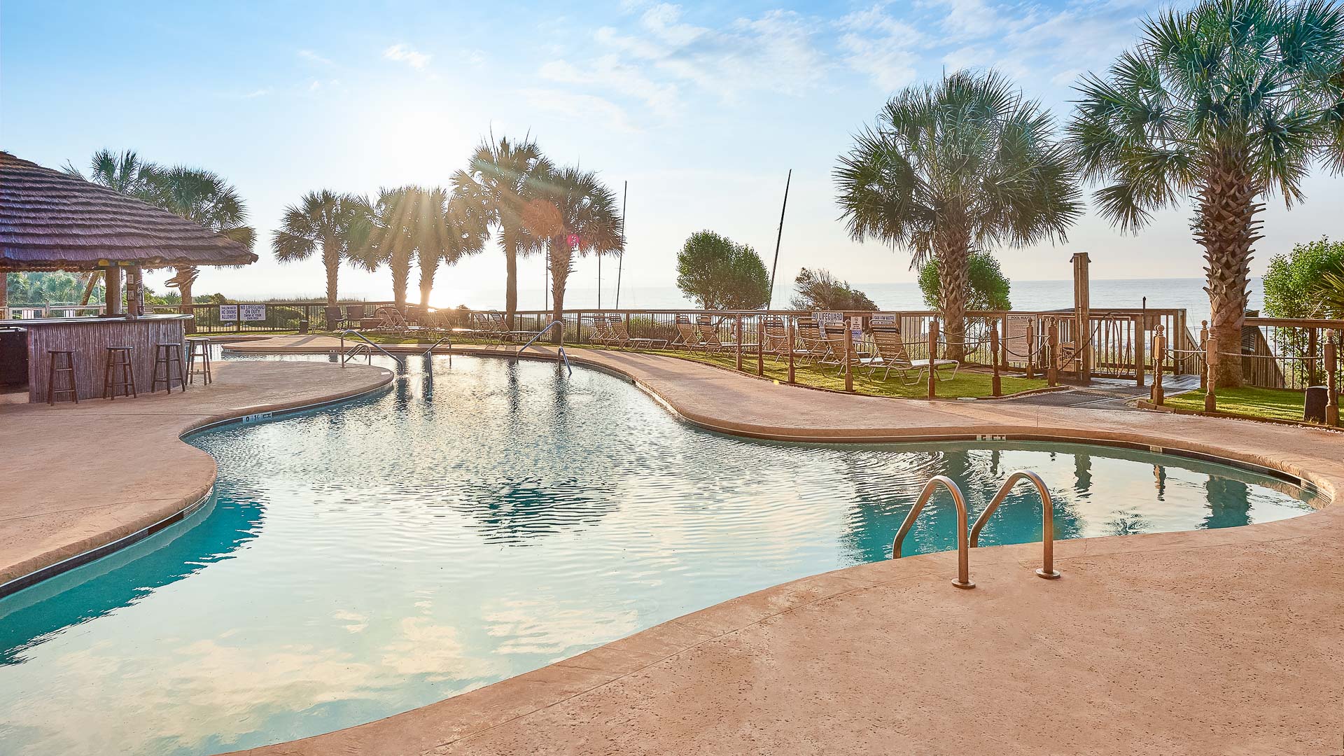 a pool with a railing and palm trees