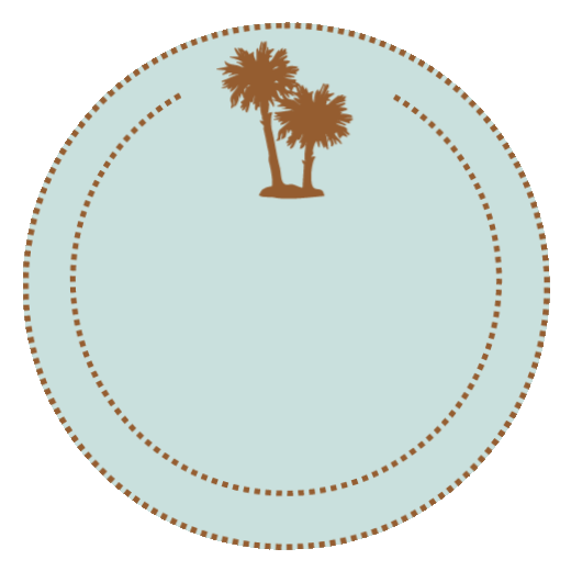 a round blue plate with palm trees on it
