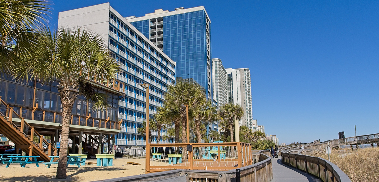 a beach with a playground and palm trees
