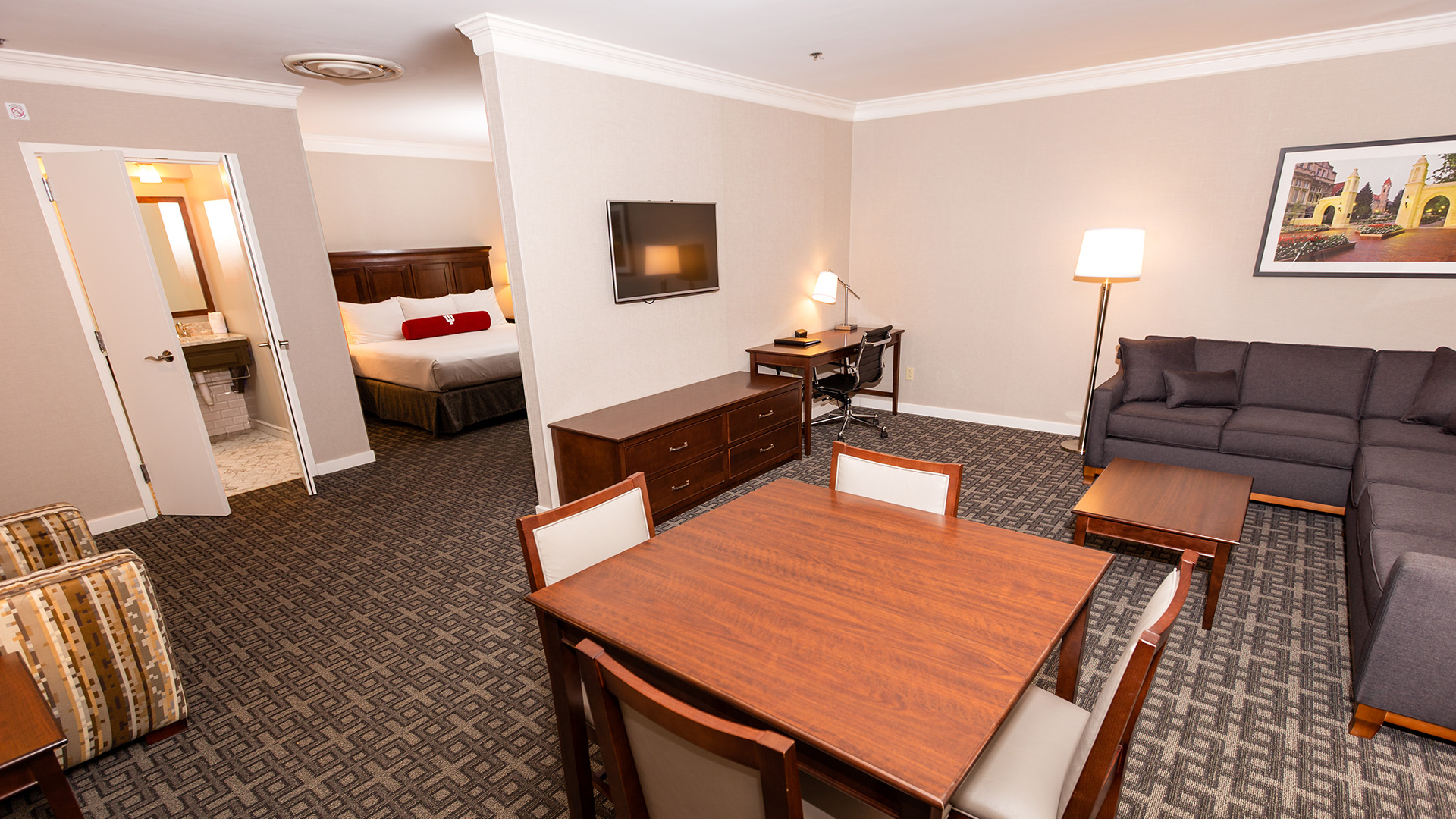 a room with a bed and a table