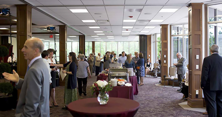 a group of people at a buffet