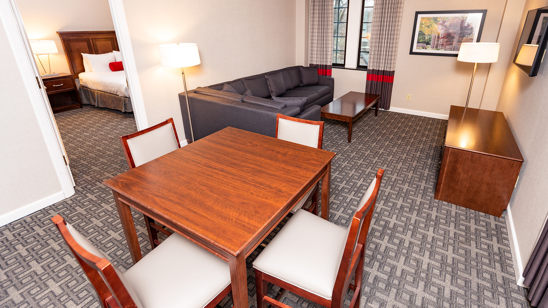 a room with a couch and table