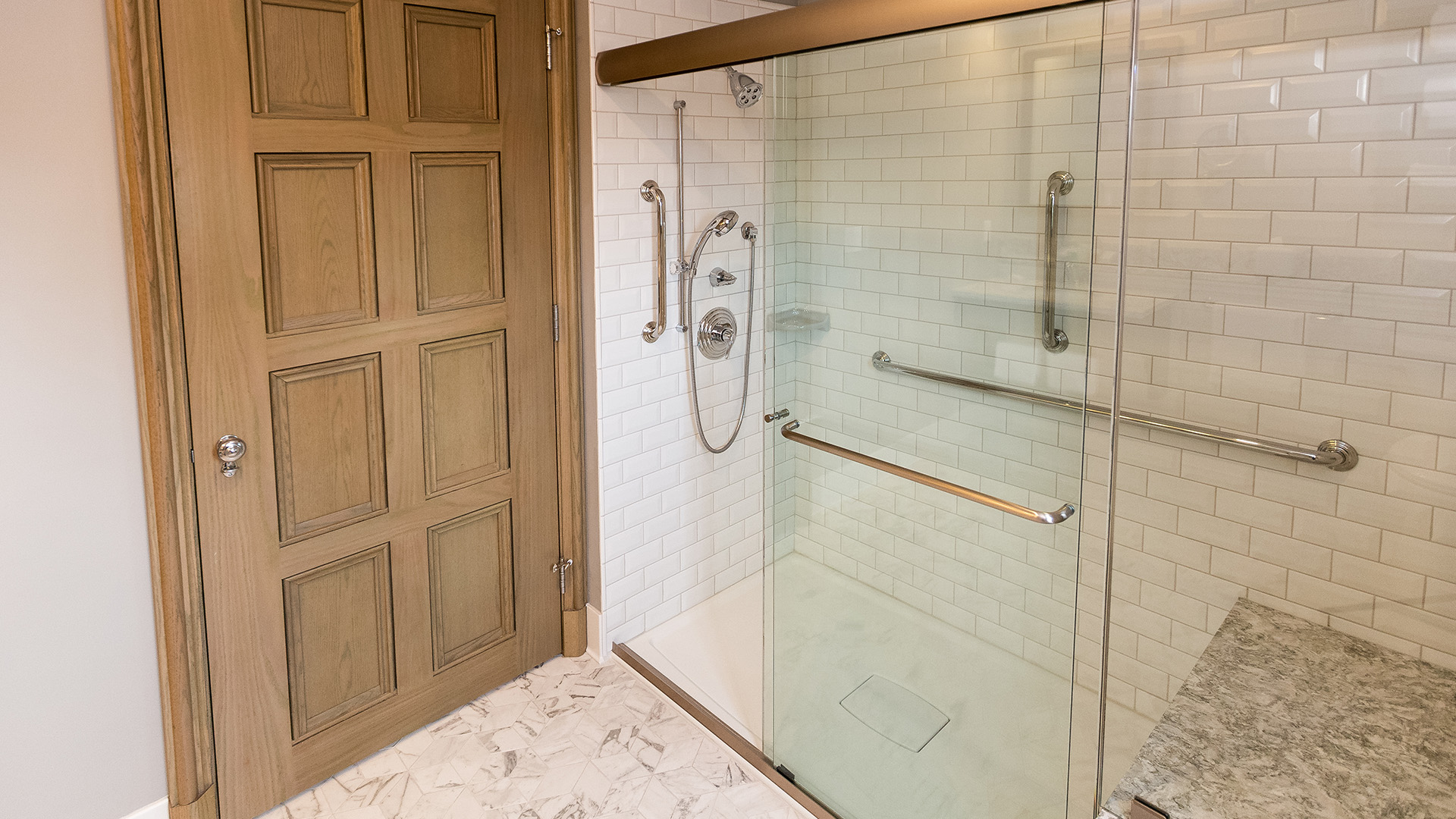 a shower with a glass door