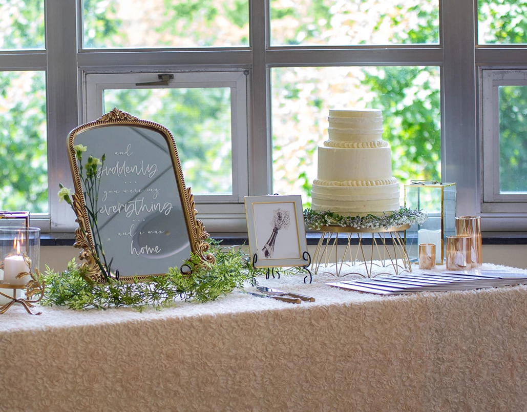 a cake and mirror on a table