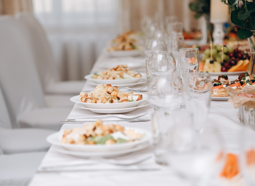 a table with plates of food on it