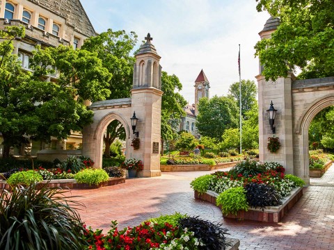 a stone archway with flowers and plants in front of a building