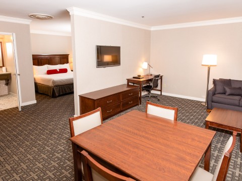 a room with a bed and a table