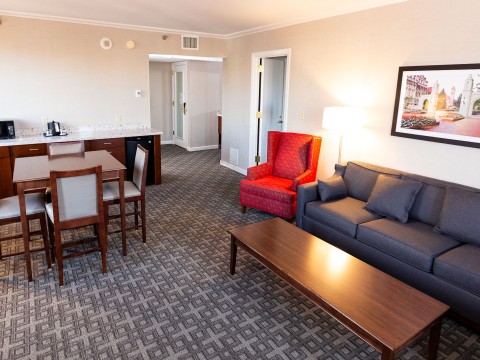 a room with a couch and a table