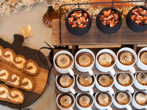 a display of cups of desserts